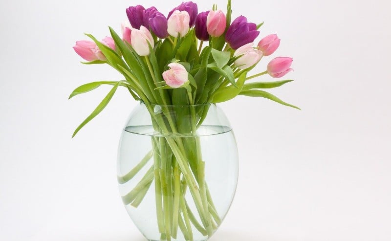 vase eb verre posé sur table avec des tulipes roses et fuschia