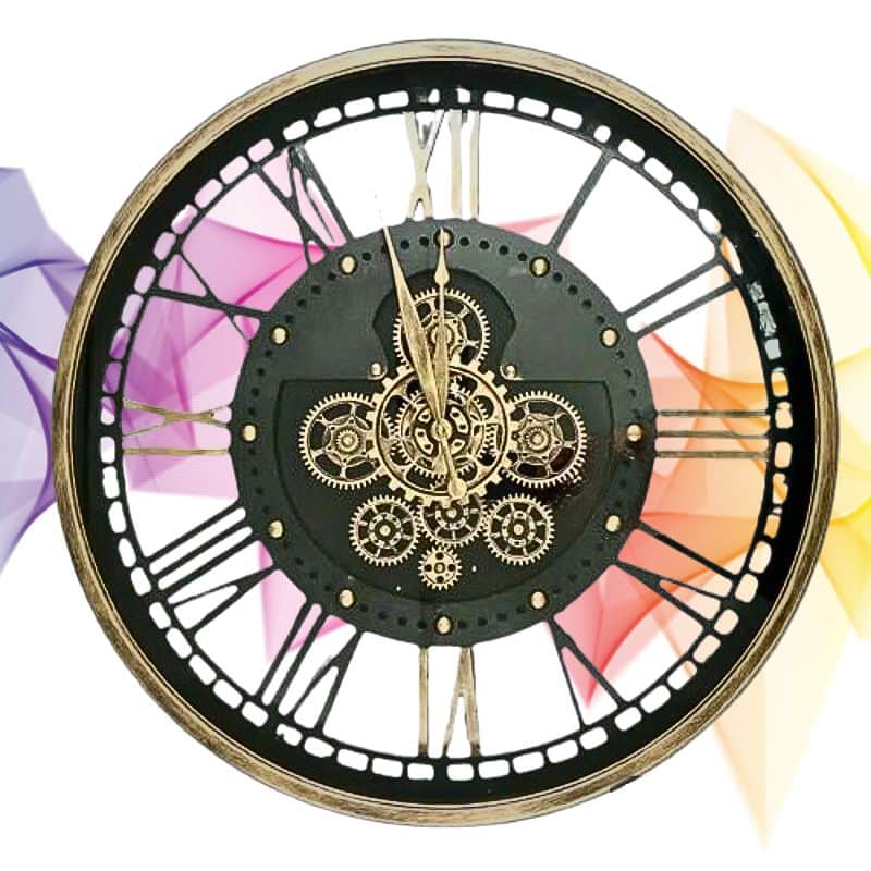 Horloge Murale Industrielle Métallique Mécanisme Doré Apparent detail 1
